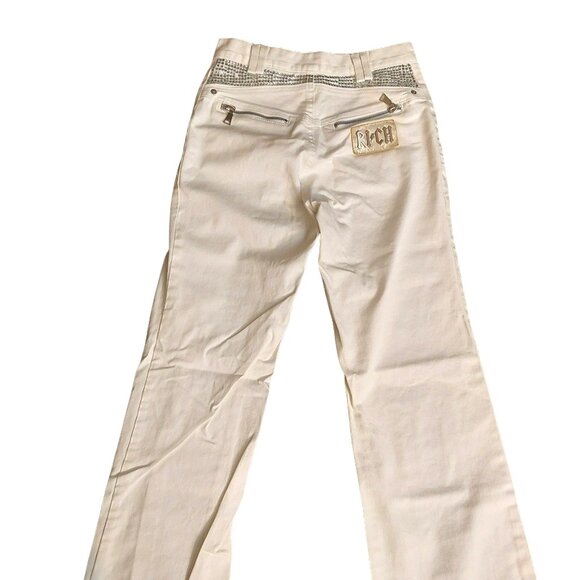 John Richmond RICH Rhinestone Studded Wide Leg White Denim Jeans Sz 42 - Picture 3 of 16